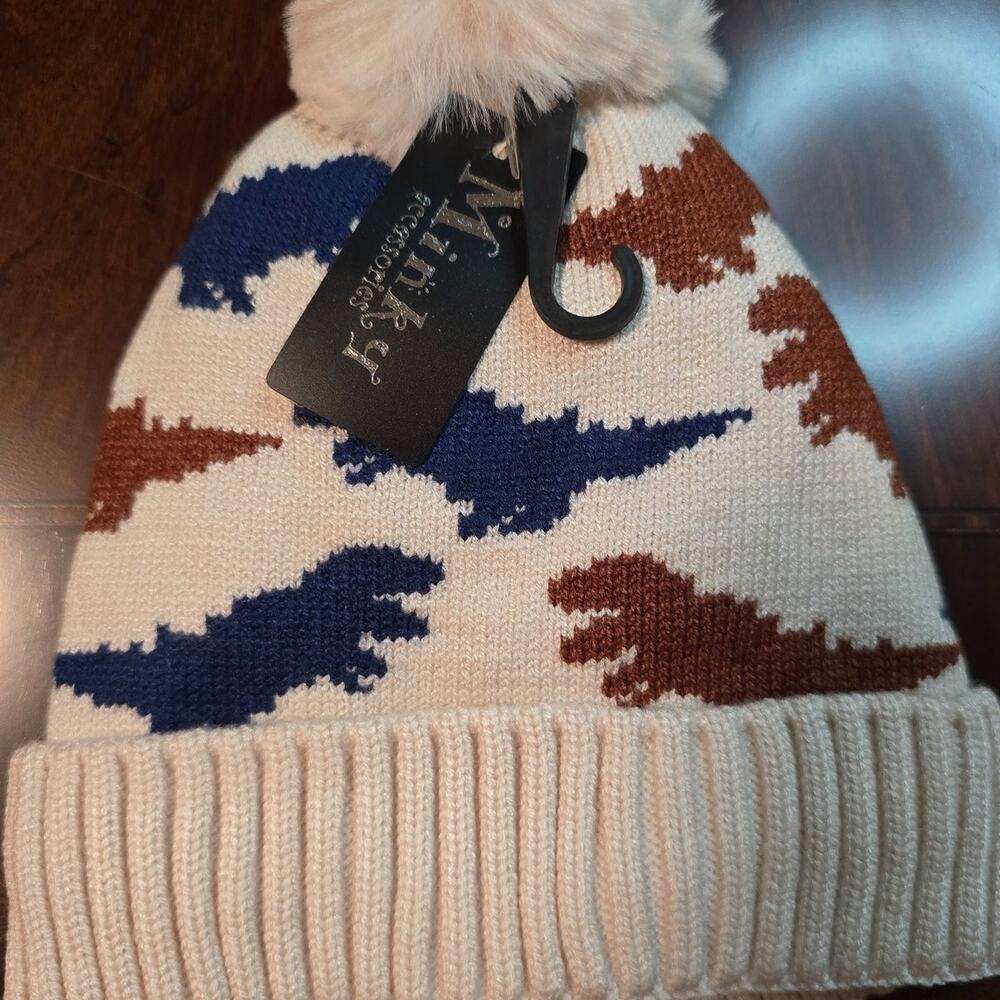 Minky White Dinosaur Pom Pom infant Beanie Hat NWT